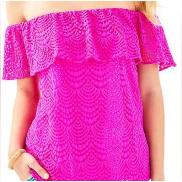 Lilly Pulitzer Pink La Fortuna Lace Top Small 25603 Soft Off the Shoulde… - Picture 14 of 14